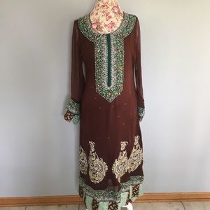 Pakistani Indian Brown Blue Teal Shalwar Kameez dress 3 piece